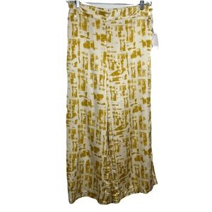 NWT Rose + Olive Wide Leg Silky Palazzo Pants Yellow White Print Size L